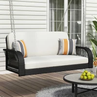 49" PE Wicker Porch Swing with Chains, 2-Seater Hanging Bench, All Weather Design, Removable Cushions and Pillows, 48.81" x 23.03" x 21.25", Beige+Black(m-1)