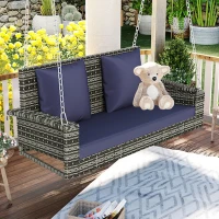 2-Person Wicker Hanging Porch Swing with Chains, Removable Cushions and Pillows, Rattan Swing Bench for Garden, Backyard, Pond, 50" Length, Blue-gray(m-1)