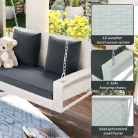 2-Person Wicker Hanging Porch Swing with Chains, Removable Cushion and Pillow, Rattan Swing Bench for Garden, Backyard, 50" Length, White(m-4)