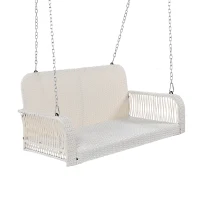 49" PE Wicker Porch Swing with Chains, 2-Seater Hanging Bench, All-Weather Patio Furniture for Backyard, Garden, Poolside, 48.81", Gray+White(m-9)