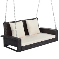 2-Person Wicker Hanging Porch Swing with Chains, Removable Cushions and Pillows, 500 lbs Capacity, 50" Length, Brown(m-15)