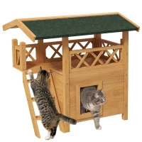 PawHut 2-Story Outdoor Wooden Cat House, Weatherproof Kitten Condo with Asphalt Roof & Stairs, Cozy Shelter(m-9)