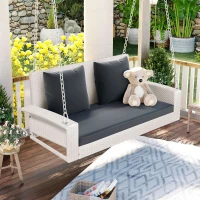 2-Person Wicker Hanging Porch Swing with Chains, Removable Cushion and Pillow, Rattan Swing Bench for Garden, Backyard, 50" Length, White(m-1)