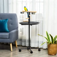 PawHut Portable Bird Play Stand, Parrot Perch Bird Feeder Station with Wheels, Stainless Steel Feeding Bowls, Tray, Gray(m-10)