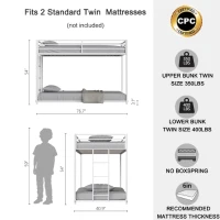 Adam Twin over Twin Metal Bunk Bed Frame with Guardrails, Durable Square Tube Frame, Easy Assembly, and No Box Spring Needed, White(m-3)