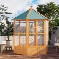 PawHut Large Wooden Bird Cage, Outdoor Aviary with Covered Roof, Spacious Flight Cage for Birds, Secure and Aesthetic(m-1)