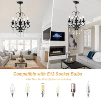 18.1" Classic Vintage Crystal Candle Chandelier, 5-Light Pendant Ceiling Fixture, Adjustable Chain, E12 Bulb Compatible, Chandelier Beads, for Living Room, Matte Black(m-6)