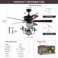 52" Crystal Chandelier Ceiling Fan with Lights and Remote, Modern Dual Finish Reversible Blades, Quiet Reversible Motor, Dual Mount Compatible, Matte Black(m-3)