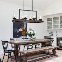 6-Light Classic Vintage Crystal Candle Chandelier Fixture, Adjustable Height, E26 Base, Matte Black/Wood Grain Finish, 36.6"x13.5"x42.9", Matte Black(m-8)