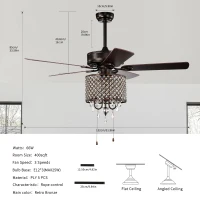 52'' Classical Crystal Ceiling Fan Lamp with 3-Speed, 5 Reversible Blades, Dual Mount Compatible, Quiet Reversible Motor, Flush Mount Ceiling Fan, Rustic Brown(m-3)