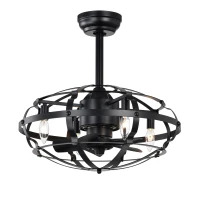 Industrial Bladeless Ceiling Fan with Lights, 18" Caged Design, Reversible Motor, Remote Control, Downrod Mount, E12 Standard Base, Matte Black(m-2)