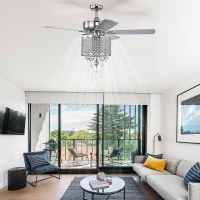 52'' Classical Crystal Ceiling Fan Lamp with 3-Speed Hand Pull Chain, 5 Reversible Blades, Dual Mount Compatible, Quiet Reversible Motor, Chrome(m-5)