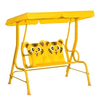 Outsunny 2-Seat Kids Porch Swing Chair, Children Outdoor Patio Furniture Lounge Chair for Garden, with Adjustable Canopy, Seat Belt, Tiger Pattern, for 3-6 Years Old, Yellow(m-2)
