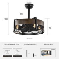 20.6" Caged Ceiling Fan with Lights, Remote Control, Bladeless Retractable 3-Speed, 1/2/4 Timer, Outdoor Ceiling Fan with Light Flush Mount, for Bedroom, Matte Black(m-3)