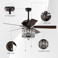 52'' Classical Crystal Ceiling Fan Lamp with 3-Speed, Chandelier Ceiling Fan with 5 Reversible Blades, Dual Mount Compatible, Quiet Reversible Motor, Rustic Brown(m-7)