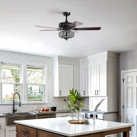 52'' Crystal Shade Ceiling Fan Lamp with Remote Control, 3 Speed, 5 Reversible Blades, Dual Mount Compatible, for Living Room, Dining Room, Bedroom, Matte Black(m-9)