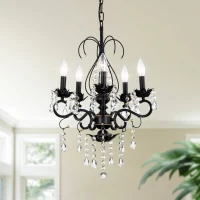 18.1" Classic Vintage Crystal Candle Chandelier, 5-Light Pendant Ceiling Fixture, Adjustable Chain, E12 Bulb Compatible, Chandelier Beads, for Living Room, Matte Black(m-11)