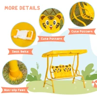 Outsunny 2-Seat Kids Porch Swing Chair, Children Outdoor Patio Furniture Lounge Chair for Garden, with Adjustable Canopy, Seat Belt, Tiger Pattern, for 3-6 Years Old, Yellow(m-7)