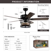 52 Inch Farmhouse Ceiling Fan with 3 Lights, 5 Wood Blades, AC Motor, Remote Control, Reversible Airflow, Multi-Speed, Adjustable Height, Matt Black(m-3)