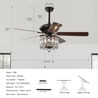 52'' Classical Crystal Ceiling Fan Lamp with 3-Speed, Chandelier Ceiling Fan with 5 Reversible Blades, Dual Mount Compatible, Quiet Reversible Motor, Rustic Brown(m-3)