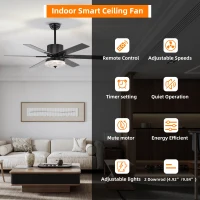 52 Inch Indoor Modern LED Ceiling Fan with Light, Remote Control, Reversible 6 Blades, Quiet Motor, Matte Black(m-6)
