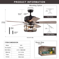 Farmhouse Industrial 52-Inch Ceiling Fan with Remote Control, Dual Finish Blades, and Reversible Motor for Bedroom, Living Room, Dining Room, Matte Black(m-3)