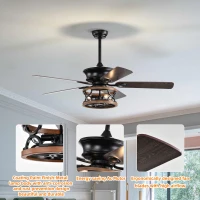 52 Inch Farmhouse Ceiling Fan with Lights and Remote, 3-Speed Reversible Motor, Caged Light Fixture, Intelligent Timing, Quiet Operation, Matt Black(m-8)