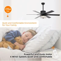 52 Inch Indoor Modern LED Ceiling Fan with Light, Remote Control, Reversible 6 Blades, Quiet Motor, Matte Black(m-7)