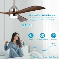52" Ceiling Fan with Lights and Remote Control, Quiet DC Motor, 3 Wood Blades, 6 Speed Levels, Reversible for Indoor and Outdoor Use, Nickel(m-6)