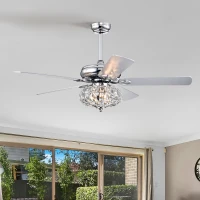 52'' Crystal Shade Ceiling Fan Lamp with Remote Control, 3 Speed, 5 Reversible Blades, Dual Mount Compatible, for Living Room, Dining Room, Bedroom, Chrome(m-1)