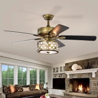 52" Antique Bronze Metal Ceiling Fan with 3 Lights, Crystal Chandelier, 5 Wood Blades, Remote Control, Reversible Airflow, Adjustable Height, Antique Brass(m-1)
