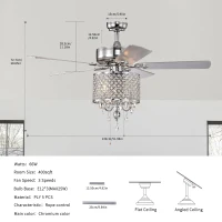 52'' Classical Crystal Ceiling Fan Lamp with 3-Speed Hand Pull Chain, 5 Reversible Blades, Dual Mount Compatible, Quiet Reversible Motor, Chrome(m-3)