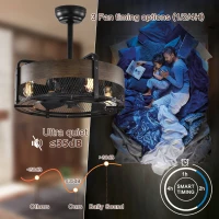 20.6" Caged Ceiling Fan with Lights, Remote Control, Bladeless Retractable 3-Speed, 1/2/4 Timer, Outdoor Ceiling Fan with Light Flush Mount, for Bedroom, Matte Black(m-8)