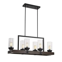 6-Light Classic Vintage Crystal Candle Chandelier Fixture, Adjustable Height, E26 Base, Matte Black/Wood Grain Finish, 36.6"x13.5"x42.9", Matte Black(m-2)