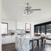 52'' Crystal Ceiling Fan Lamp with with 3-Light Crystal Chandelier, Remote Control, 3 Speed, 5 Reversible Blades, Dual Mount Compatible, for Living Room, Chrome(m-10)