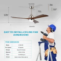 52" Ceiling Fan with Lights and Remote Control, Quiet DC Motor, 3 Wood Blades, 6 Speed Levels, Reversible for Indoor and Outdoor Use, Nickel(m-3)