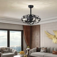 Industrial Bladeless Ceiling Fan with Lights, 18" Caged Design, Reversible Motor, Remote Control, Downrod Mount, E12 Standard Base, Matte Black(m-9)