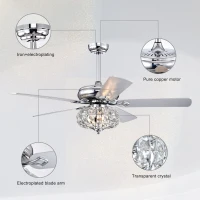 52'' Crystal Shade Ceiling Fan Lamp with Remote Control, 3 Speed, 5 Reversible Blades, Dual Mount Compatible, for Living Room, Dining Room, Bedroom, Chrome(m-7)