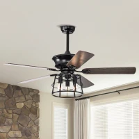 52'' Farmhouse Ceiling Fan with Lights, Industrial Cage Design, Remote Control, Reversible AC Motor for Indoor/Outdoor Use, 3-Speed Settings, Matte Black(m-1)