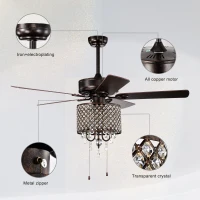 52'' Classical Crystal Ceiling Fan Lamp with 3-Speed, 5 Reversible Blades, Dual Mount Compatible, Quiet Reversible Motor, Flush Mount Ceiling Fan, Rustic Brown(m-7)