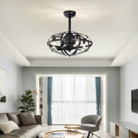 Industrial Bladeless Ceiling Fan with Lights, 18" Caged Design, Reversible Motor, Remote Control, Downrod Mount, E12 Standard Base, Matte Black(m-11)