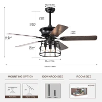 52'' Farmhouse Ceiling Fan with Lights, Industrial Cage Design, Remote Control, Reversible AC Motor for Indoor/Outdoor Use, 3-Speed Settings, Matte Black(m-3)