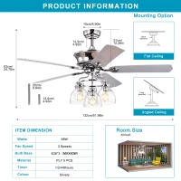 52-Inch Farmhouse Ceiling Fan with Light Kit and Remote, 5-Blade Reversible Motor, Dual Finish Blades, and Adjustable Mount, Chrome(m-3)