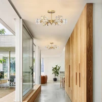 Modern Luxurious Crystal Ceiling Light with 6 Lights G9 Bulb, Flush Mount Pendant Lamp for Dining Room, Living Room, Bedroom, Hall, Balcony, 16.54"x14.96"x8.7", Gold(m-10)