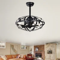 Industrial Bladeless Ceiling Fan with Lights, 18" Caged Design, Reversible Motor, Remote Control, Downrod Mount, E12 Standard Base, Matte Black(m-8)