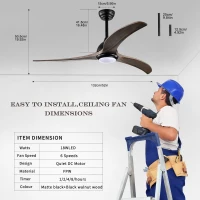 52" Ceiling Fan with Light and Remote Control, Noiseless Reversible Motor, 6 Speed, 3 Color Options, Indoor/Outdoor Use, Matte Black(m-3)