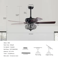 52'' Crystal Shade Ceiling Fan Lamp with Remote Control, 3 Speed, 5 Reversible Blades, Dual Mount Compatible, for Living Room, Dining Room, Bedroom, Matte Black(m-3)