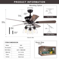 52-Inch Farmhouse Ceiling Fan with Light Kit and Remote, 5-Blade Reversible Motor, Dual Mount Compatible, Matte Black(m-3)