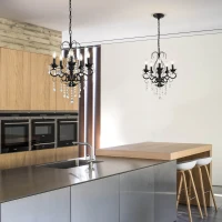 18.1" Classic Vintage Crystal Candle Chandelier, 5-Light Pendant Ceiling Fixture, Adjustable Chain, E12 Bulb Compatible, Chandelier Beads, for Living Room, Matte Black(m-10)