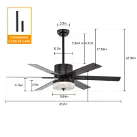 52 Inch Indoor Modern LED Ceiling Fan with Light, Remote Control, Reversible 6 Blades, Quiet Motor, Matte Black(m-3)